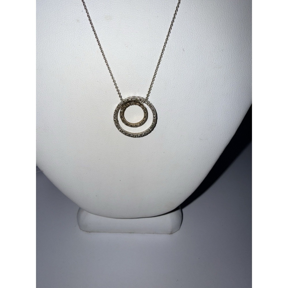 19" Sterling Silver Genuine Diamond Double Circle Pendant Necklace